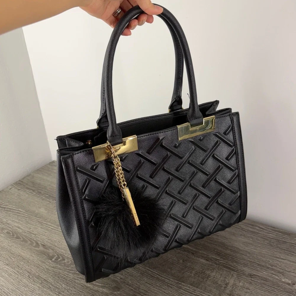 Aldo Black Embossed Geometric Satchel Handbag Gold Hardware Crossbody Bag Medium